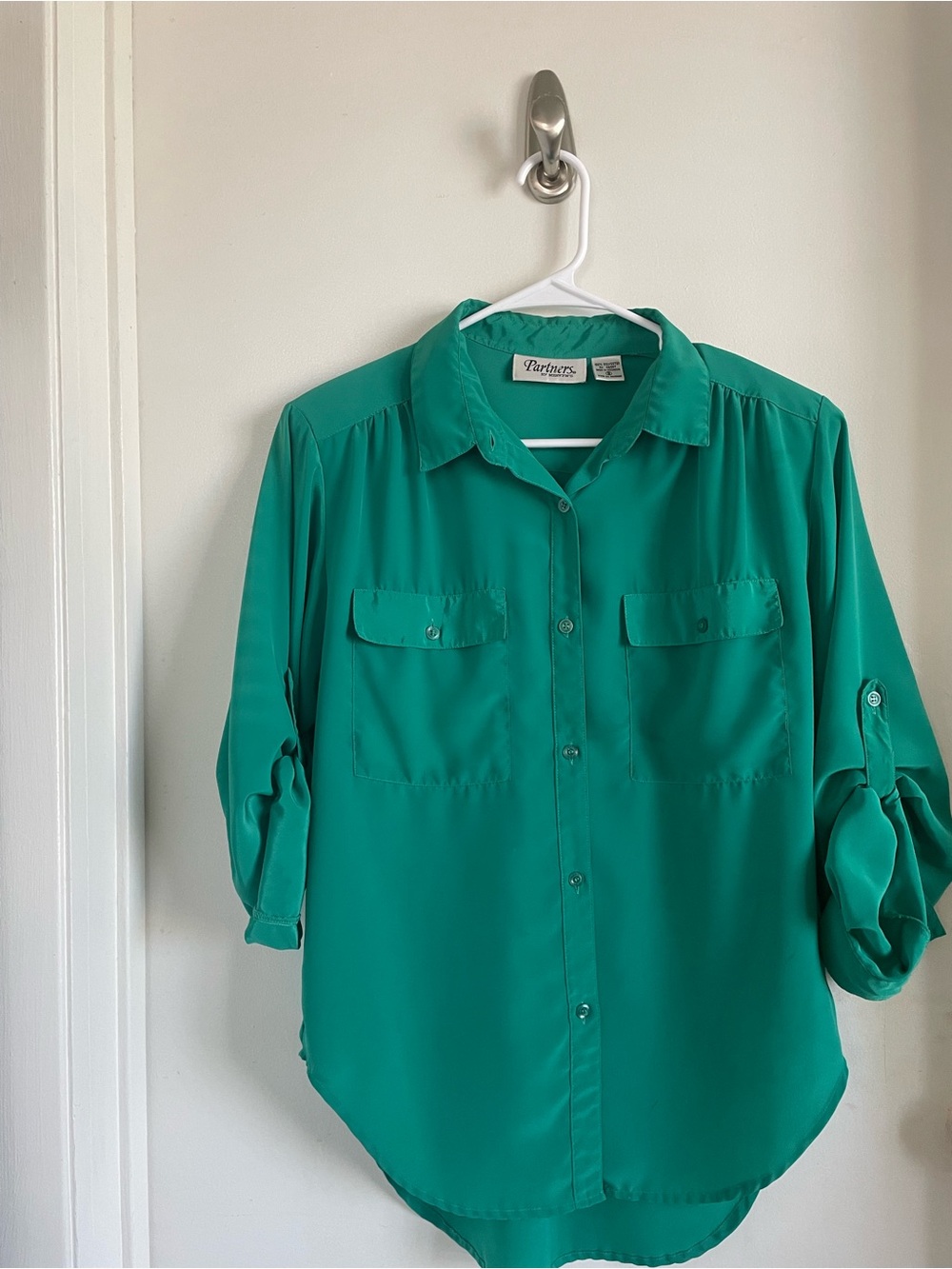 Portmans Teal Button-Front Roll-Tab Blouse
